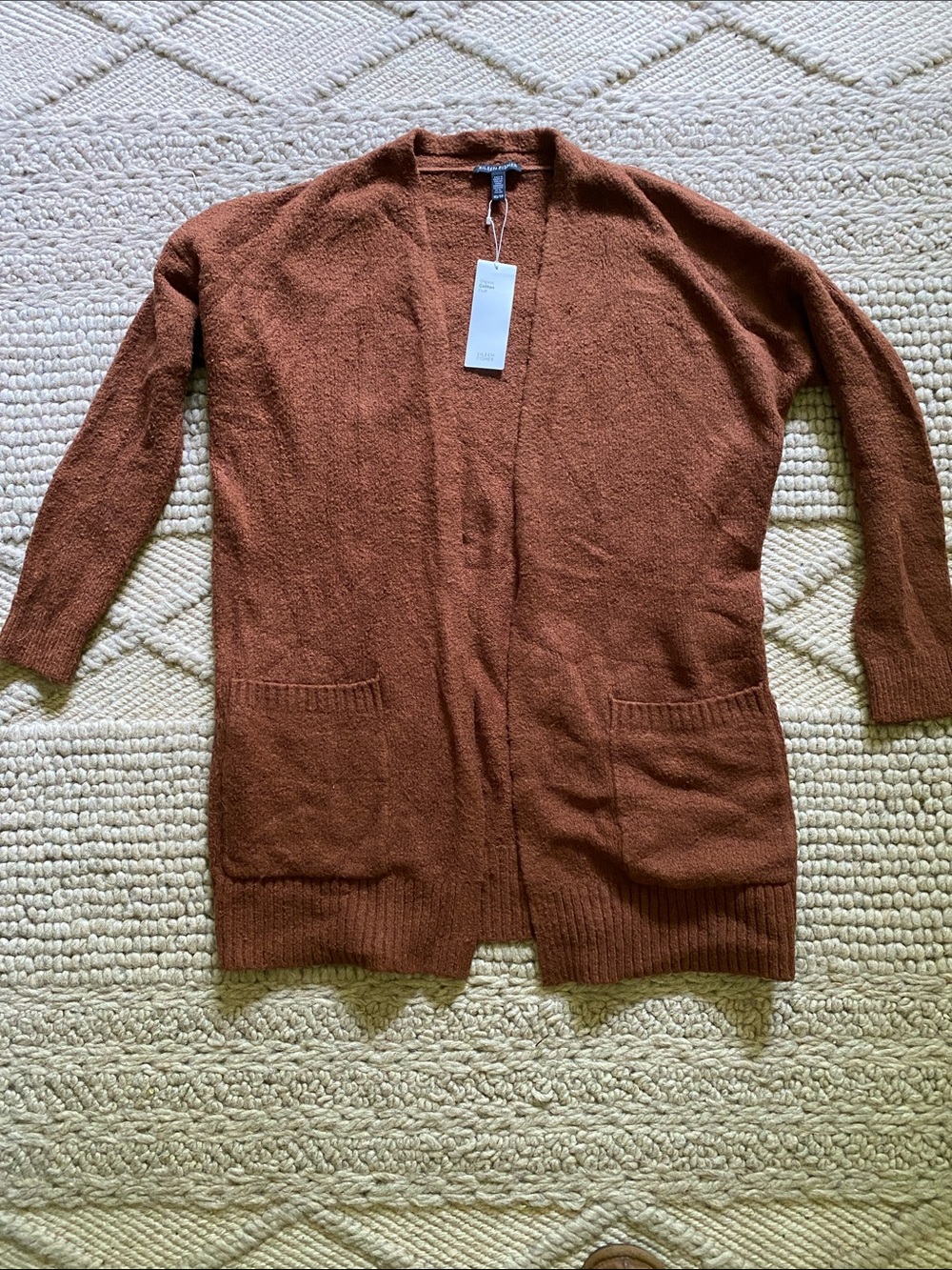 Eileen Fisher Rust Brown Open-Front Pocket Cardigan Organic Cotton
